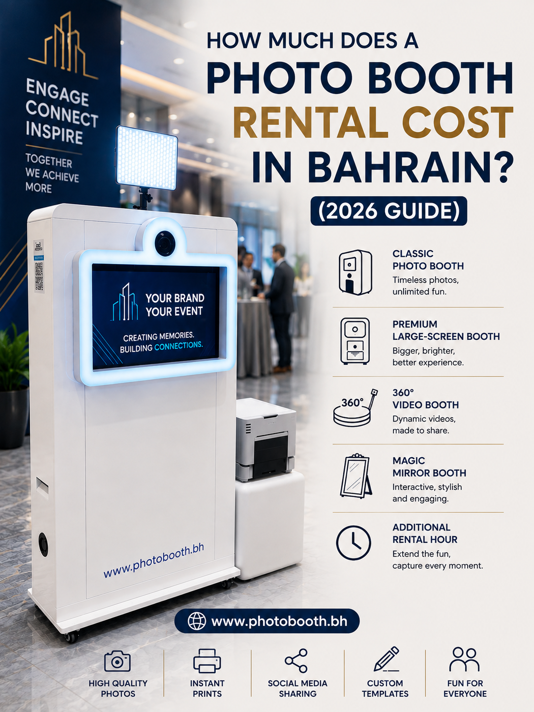 Modern corporate photo booth rental setup in Bahrain featuring a premium white photo booth with instant printing, branded event display, and www.photobooth.bh branding for weddings, corporate events, and private celebrations.