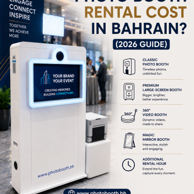 Modern corporate photo booth rental setup in Bahrain featuring a premium white photo booth with instant printing, branded event display, and www.photobooth.bh branding for weddings, corporate events, and private celebrations.